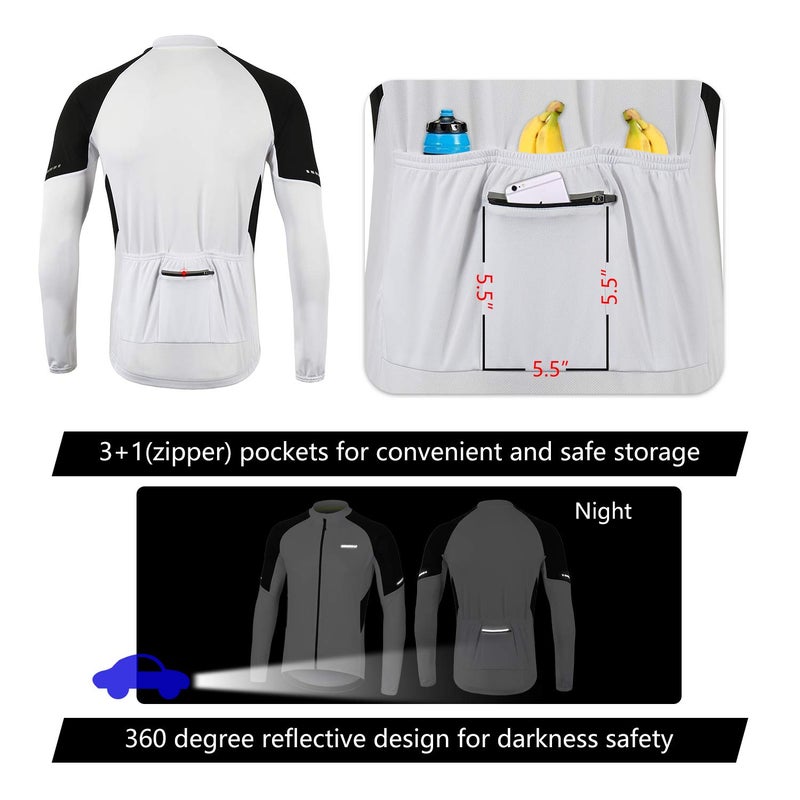 BERGRISAR Men's Basic Cycling Jerseys Long Sleeves Bike Bicycle Shirt Zipper Pockets BG012 White Size XX-Large - Image 5